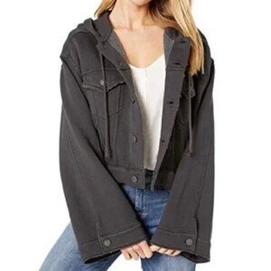 Free People Dreamers Cropped Distressed Hooded Sweatshirt Jacket Black Sz S